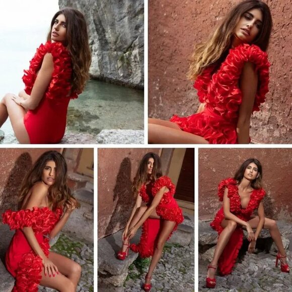 Sexy Glamorous Luxury Runway Party Outfit Ruffles Bodysuit Top Skirt Dress Cover - Picture 9 of 16